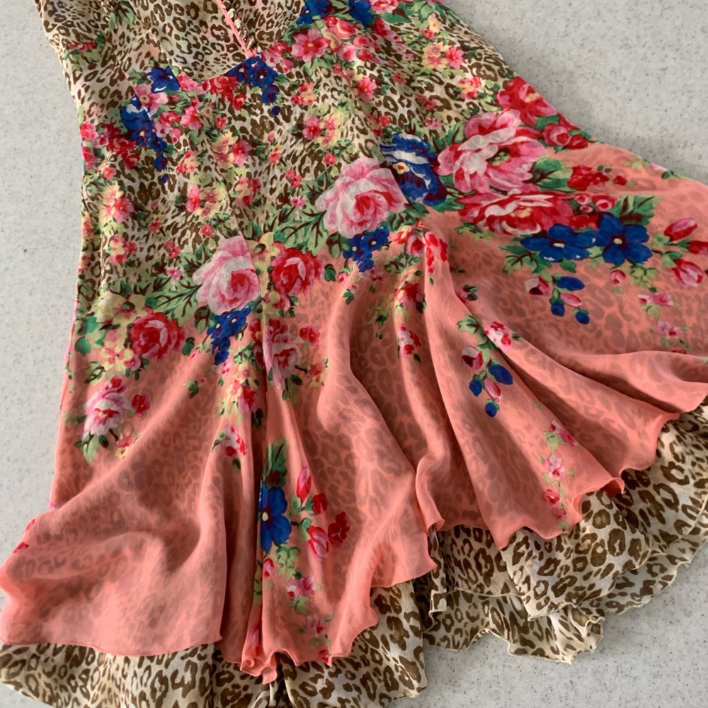 Animal Print Floral Blumarine Silk Dress 42 Flare Y2K Flirty Fairy 8 US Mecium